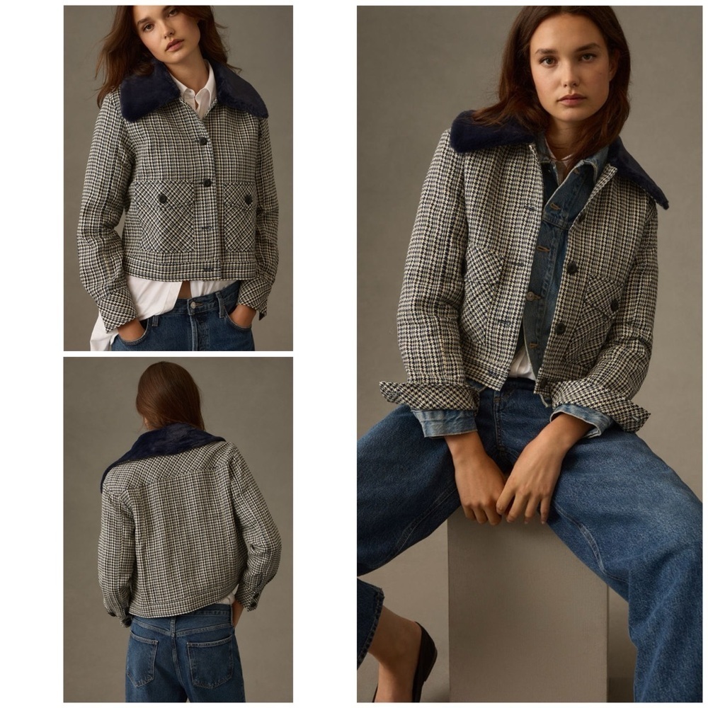 EUC Anthropologie Maeve Tweed Blue Faux Fur-Collar Herringbone Jacket Large - Picture 1 of 10